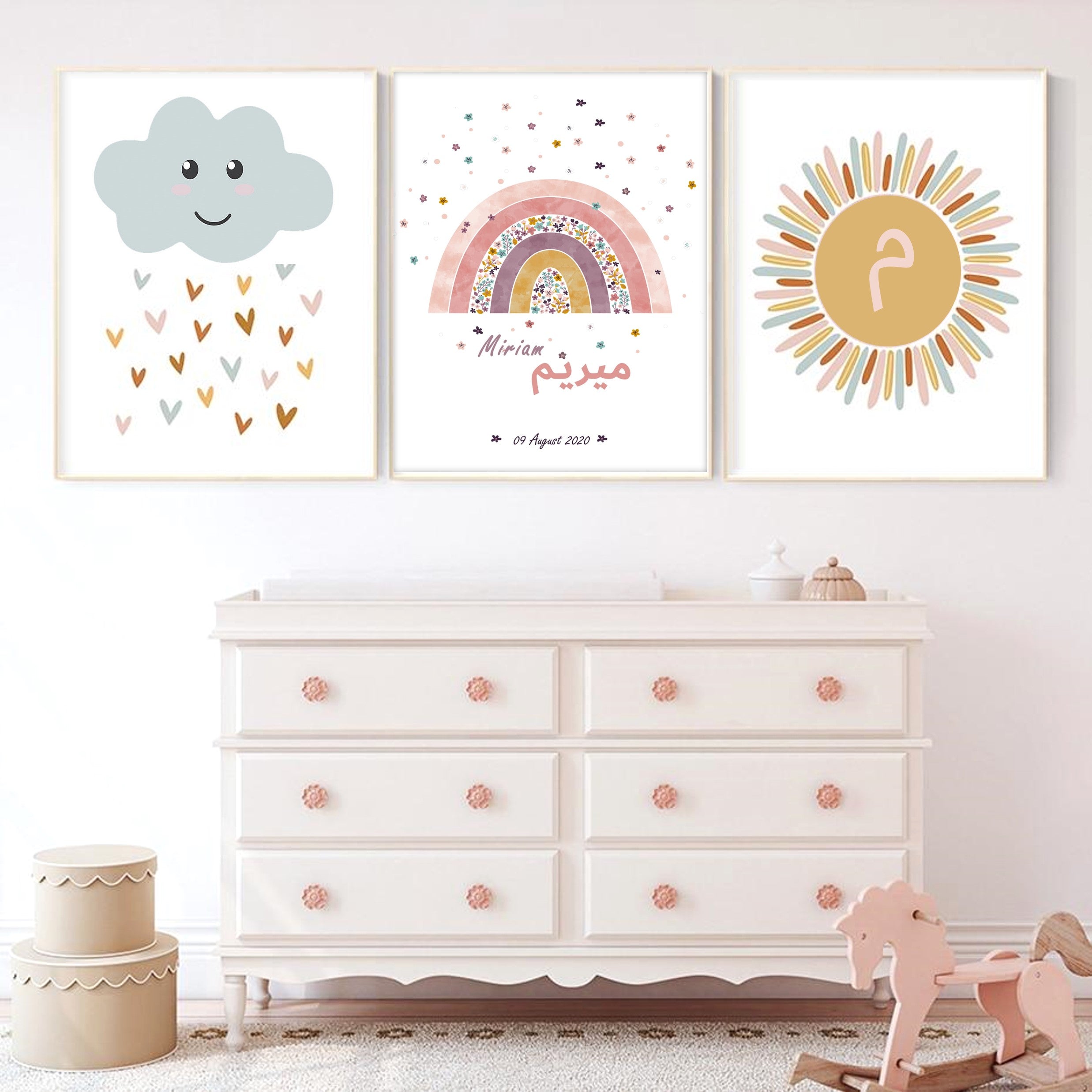 Kinderposter Wandkunst Kinderzimmer personalisiert Arabisch Deutsch لوحات غرف أطفال كتب أطفال تعلم العربي ألمانيا Regenbogen Wanddeko orientalisch  